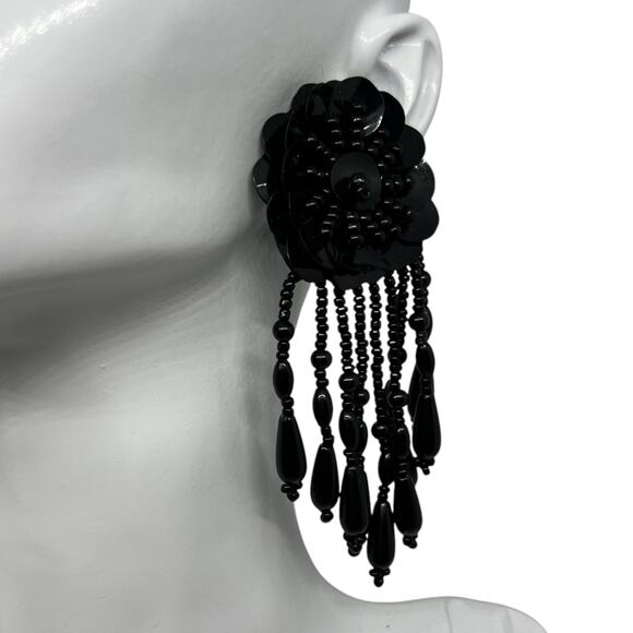 Dramatic Black Flower Sequin Beaded Fringe Statement Earring - Gothic Glamour - Picture 3 of 8
